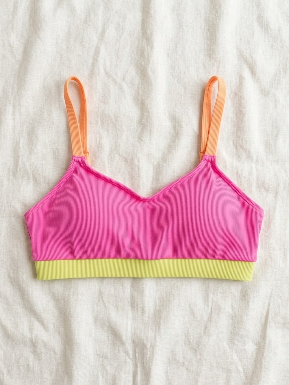 Pink Swim Top with Orange Straps and Yellow Band